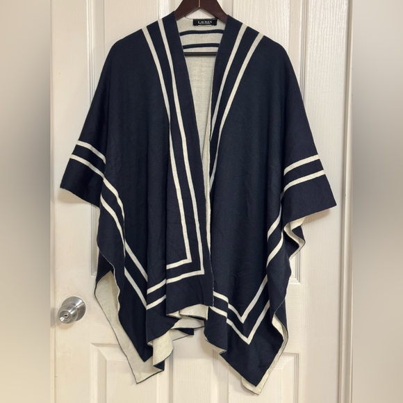 Lauren Ralph Lauren Navy Cream Stripe Reversible Poncho Cape Wrap One Size - Picture 1 of 8
